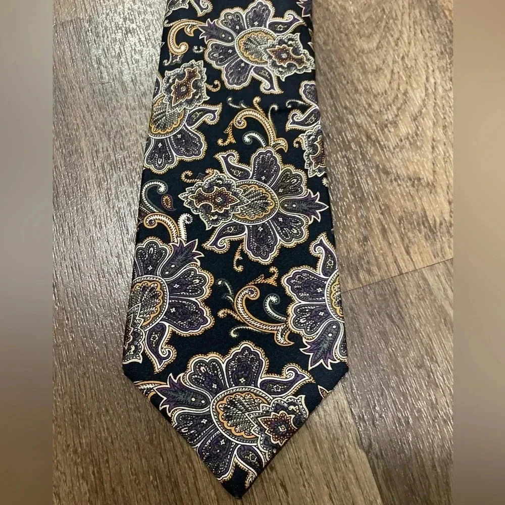 Pierre Balmain Men’s Paisley Floral Print 100% Silk Tie Black Gray Beige